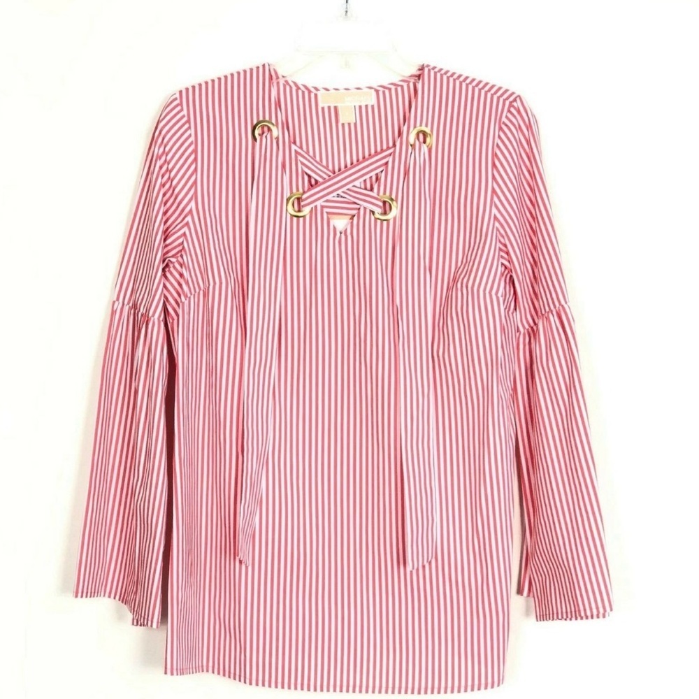 Michael Kors Red and White Bell Sleeve Blouse with Tie Front size Medium